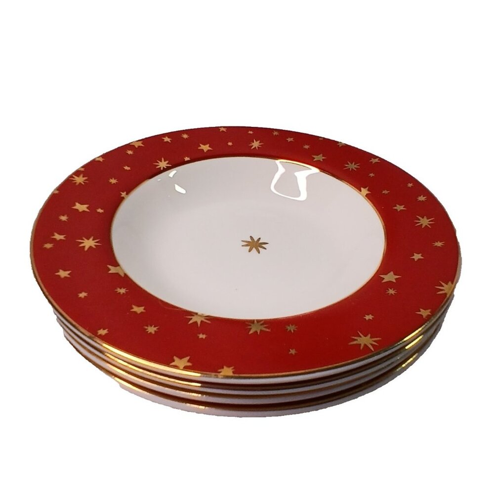 4 Sakura Galaxy Red Rimmed Soup Cereal Bowl Porcelain 14 Gold Rim Christmas